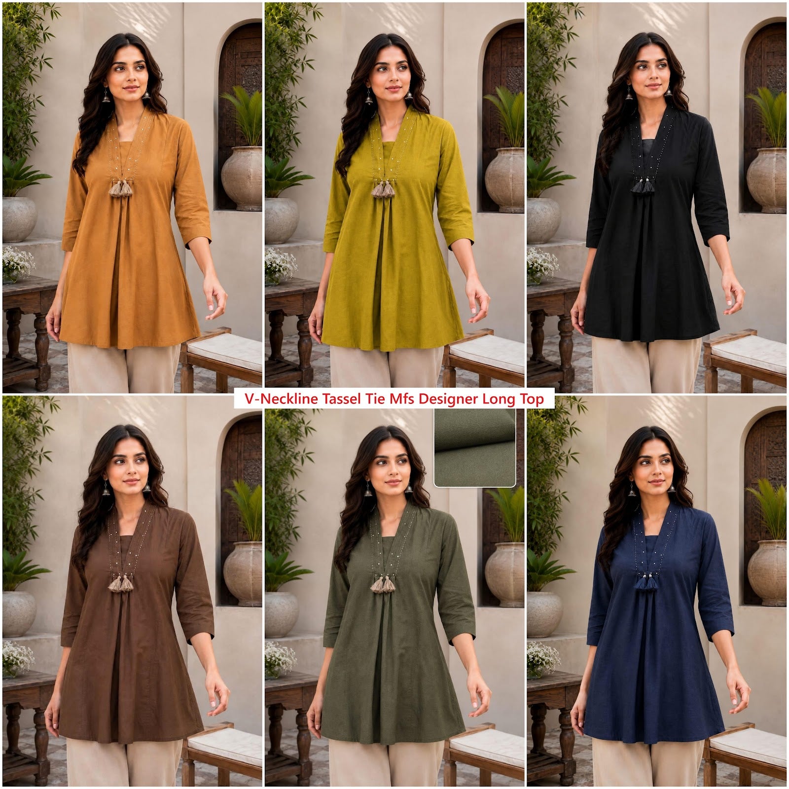 V-Neckline Tassel Tie Mfs Cotton Designer Long Top Wholesaler Ahmedabad