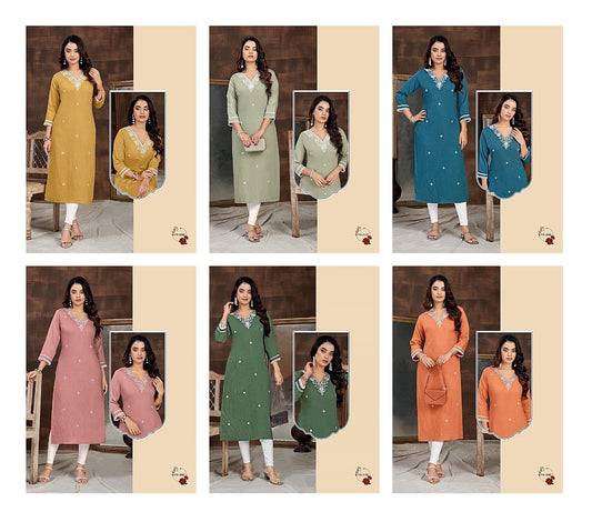 V Neck 0509 Rangjyot Heavy Viscose Long Straight Kurti Wholesale Price