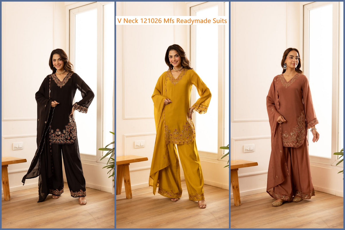 V Neck 121026 Mfs Chanderi Readymade Suits Wholesale Rate