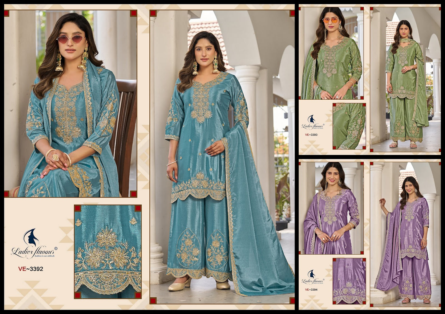 Ve 3392-3394 Ladyf Chinon Readymade Plazzo Style Suits Exporter Gujarat