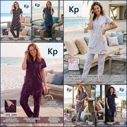Vol 2099 Kurta Style Kp Cotton Long Night Suits Wholesale Rate
