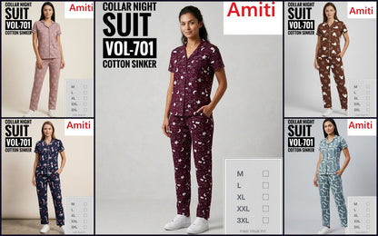 Vol 701 Amiti Sinker Collar Night Suits Wholesaler Ahmedabad