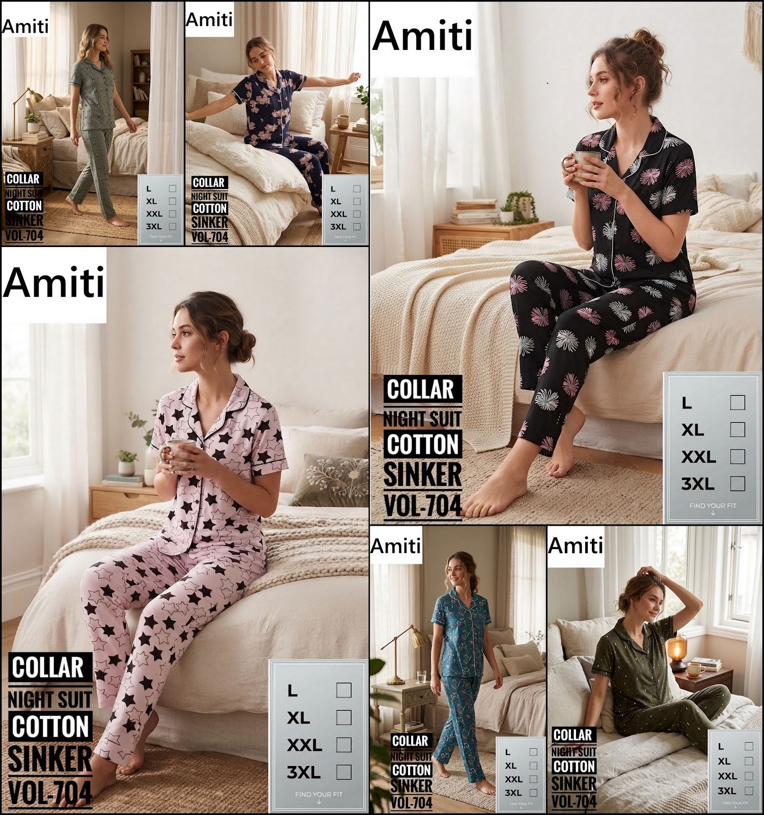 Vol 704 Sinker Amiti Cotton Collar Night Suits Wholesale Price