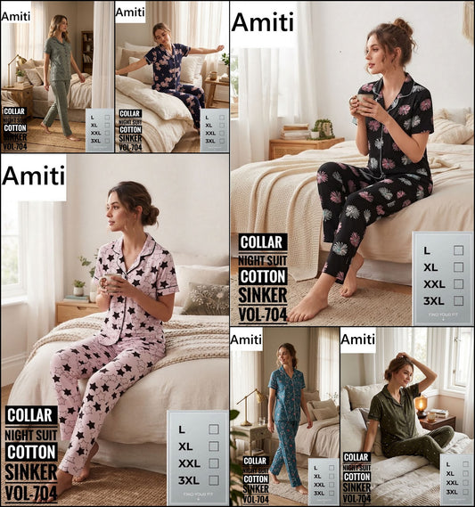 Vol 704 Sinker Amiti Cotton Collar Night Suits Wholesale Price
