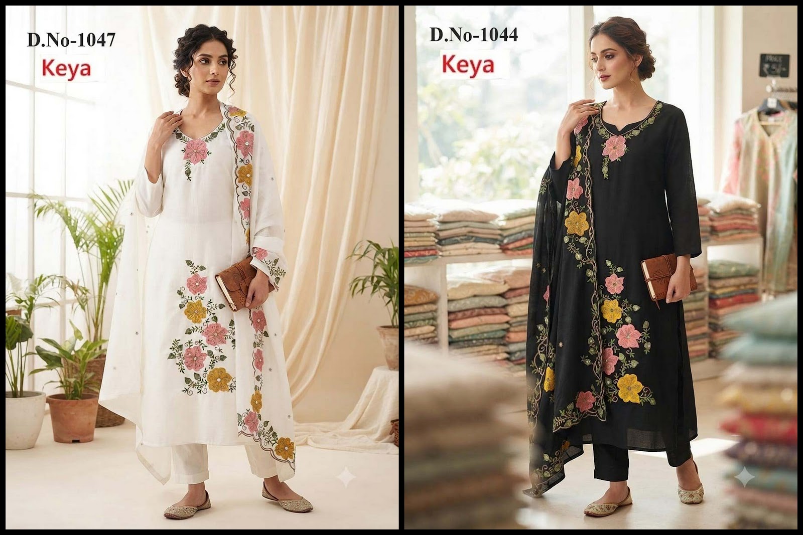 White And Black 2908 Keya Chanderi Readymade Pant Style Suits Exporter Gujarat