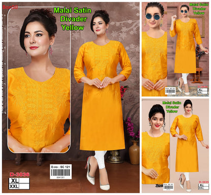 Yellow 3034-3036 Bon50 Satin Straight Cut Kurtis Exporter Ahmedabad