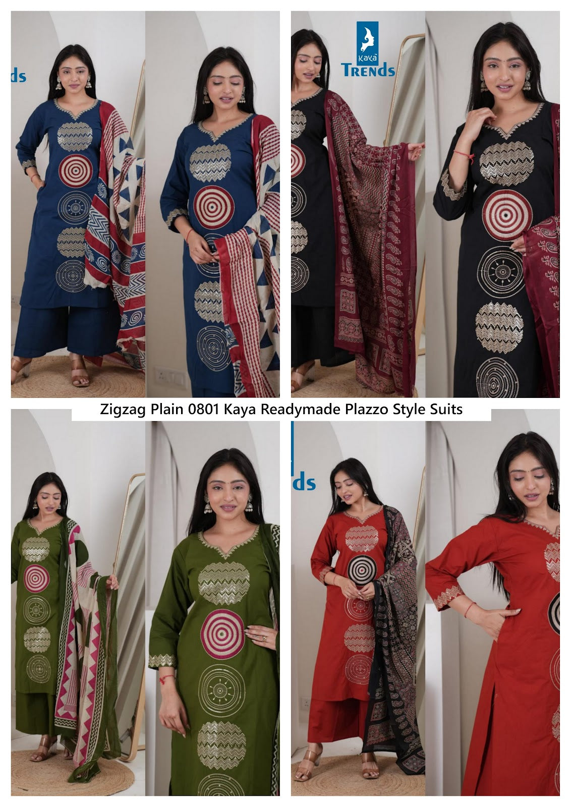 Zigzag Plain 0801 Kaya Cotton Readymade Plazzo Style Suits Exporter