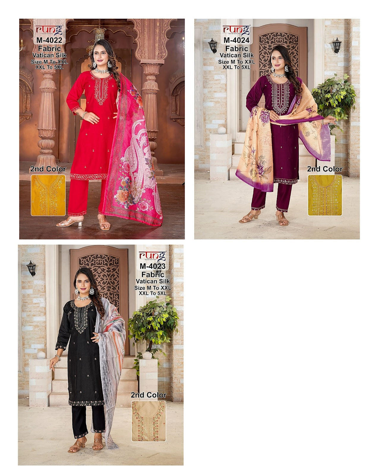 4022-4024 Rung Vatican Silk Readymade Pant Style Suits Exporter India