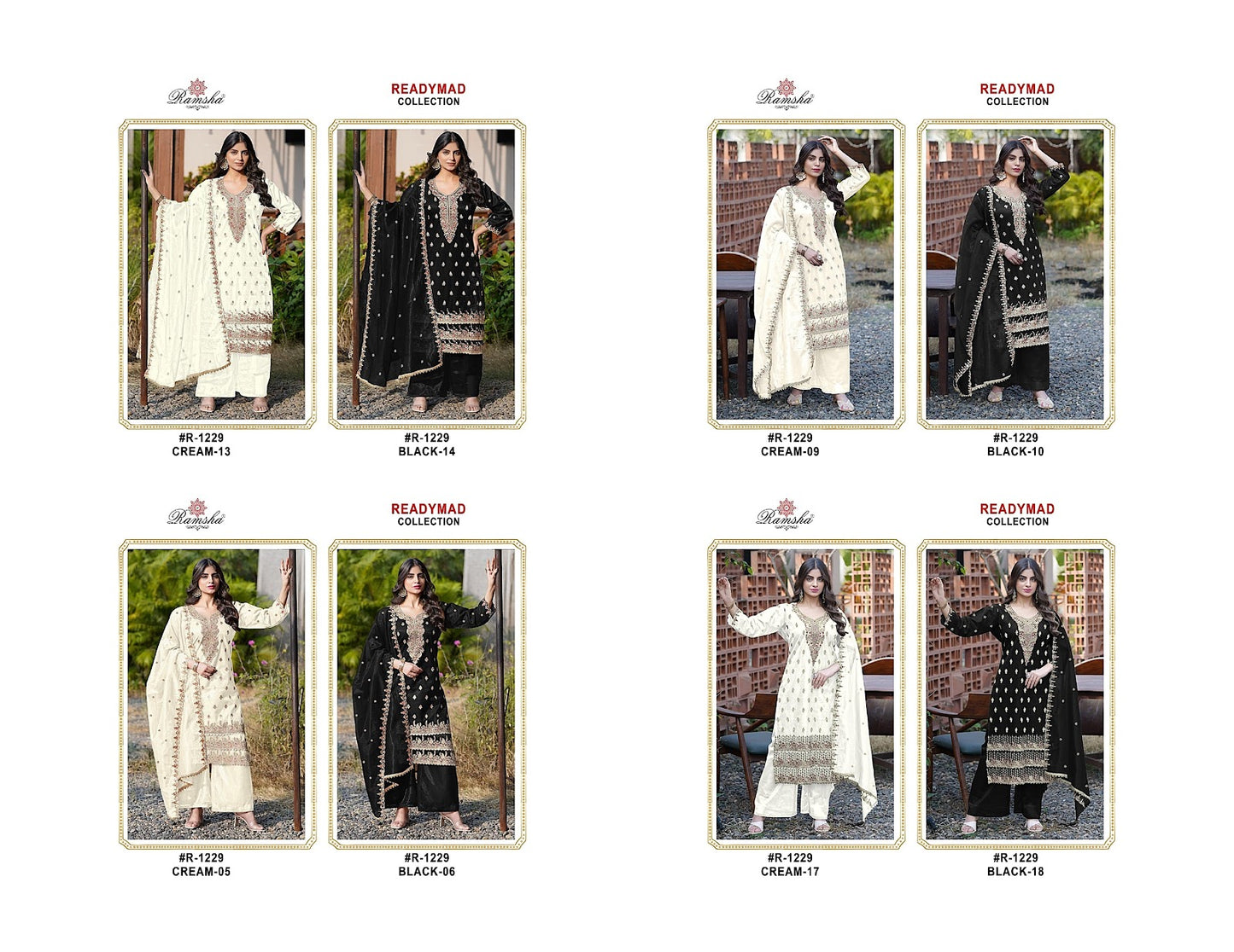 R 1229 Cream-Black Ramsha Simmer Pakistani Readymade Suits Supplier Gujarat