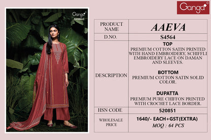 Aaeva 4564 Ganga Cotton Satin Plazzo Style Suits Supplier India