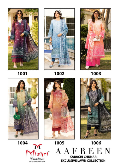 Aafreen Lawn Collection Mishri Lawn Cotton Karachi Salwar Suits Wholesaler Ahmedabad
