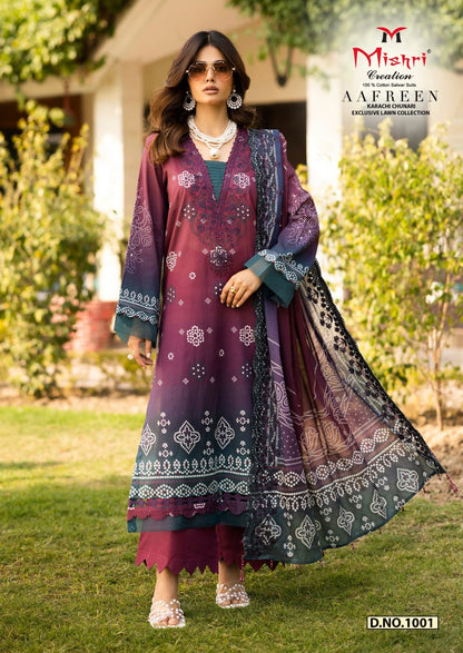 Aafreen Lawn Collection Mishri Lawn Cotton Karachi Salwar Suits Wholesaler Ahmedabad