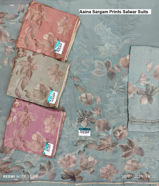Aaina Sargam Prints Organza Salwar Suits Wholesale