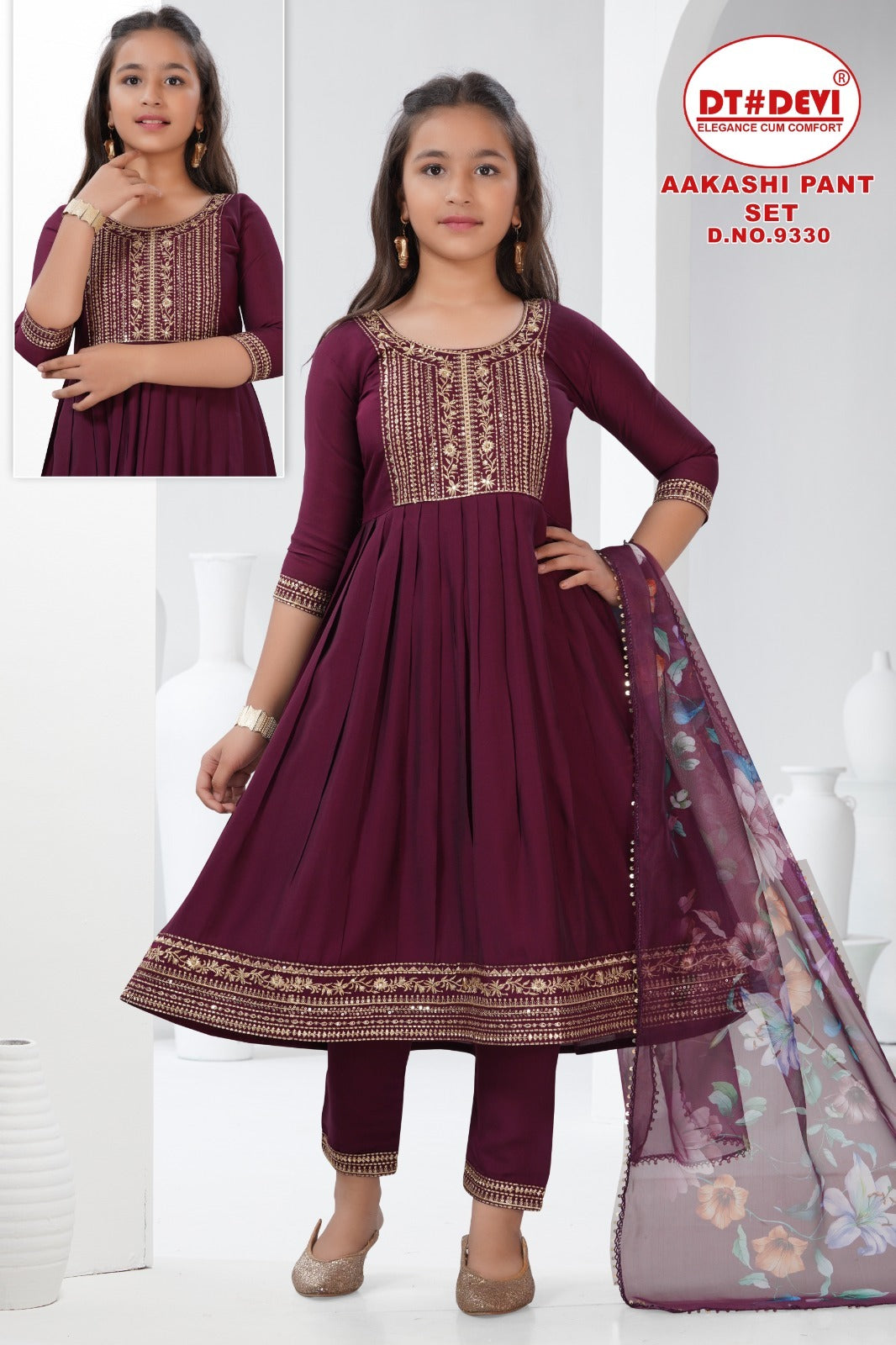 Aakashi Dn 9330 Dt Devi Roman Silk Girls Readymade Pant Suits Supplier India
