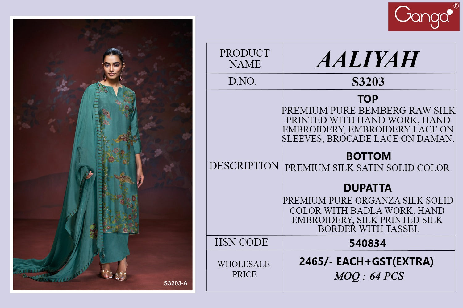 Aaliyah 3203 Ganga Premium Bemberg Plazzo Style Suits Manufacturer Gujarat