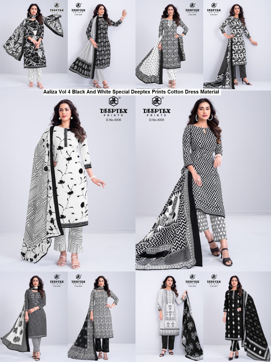 Aaliza Vol 4 Black And White Special Deeptex Prints Cotton Dress Material Exporter Ahmedabad