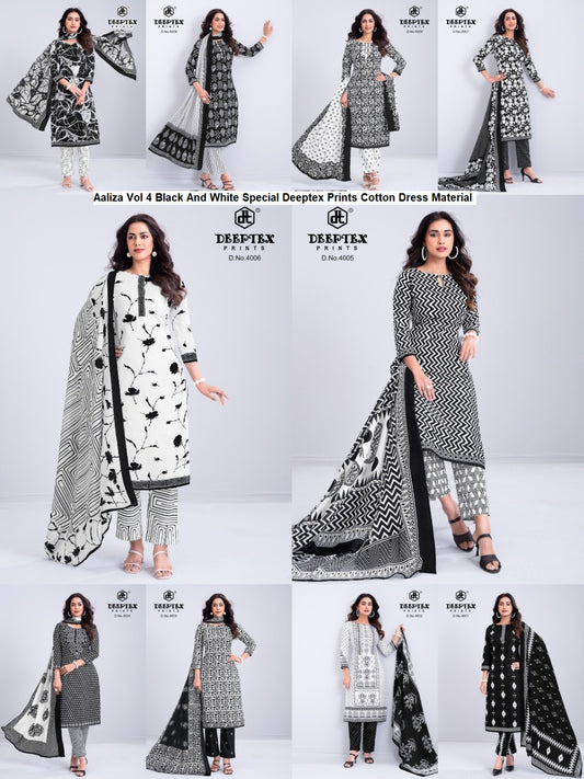 Aaliza Vol 4 Black And White Special Deeptex Prints Cotton Dress Material Exporter Ahmedabad
