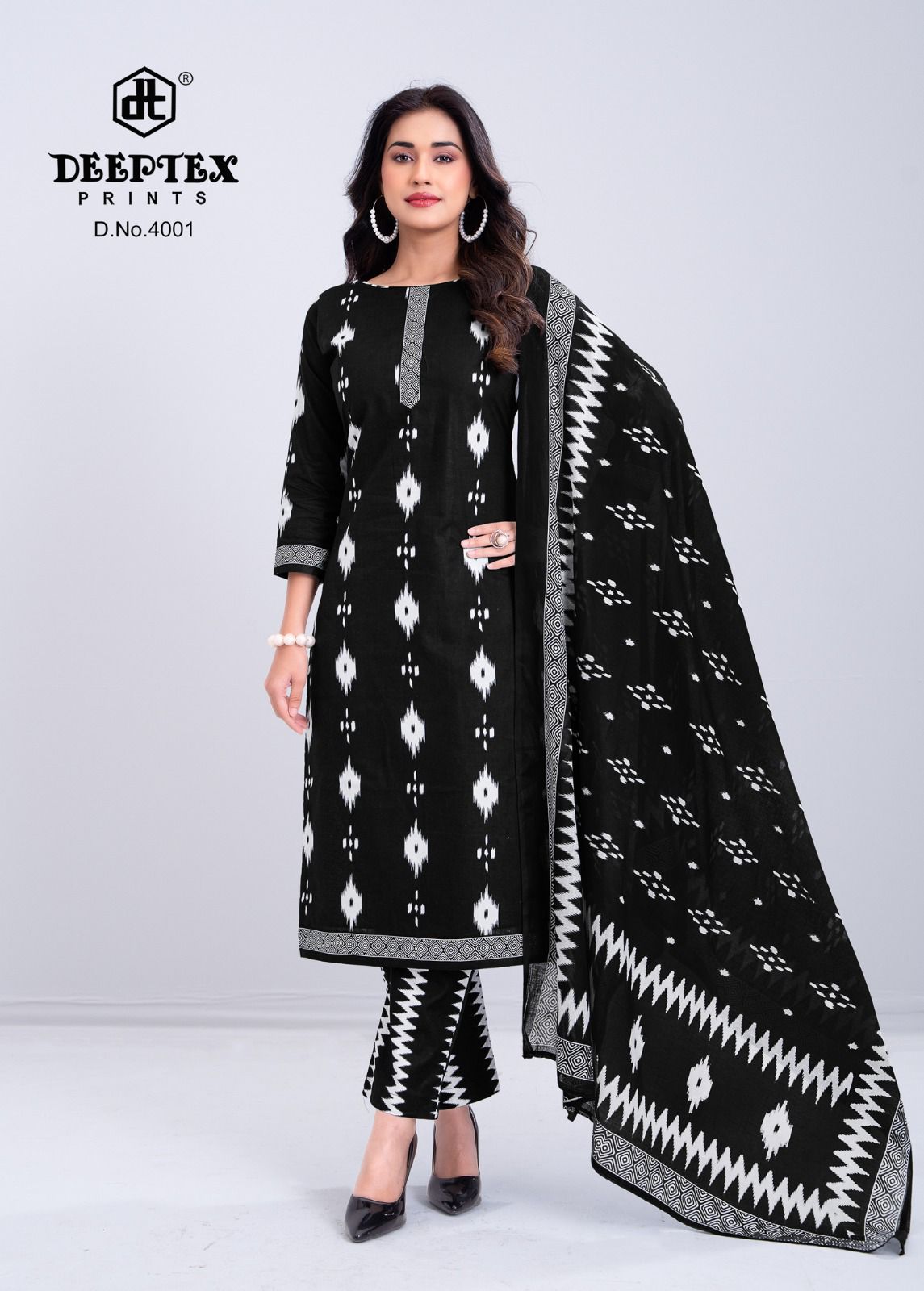 Aaliza Vol 4 Black And White Special Deeptex Prints Cotton Dress Material Exporter Ahmedabad