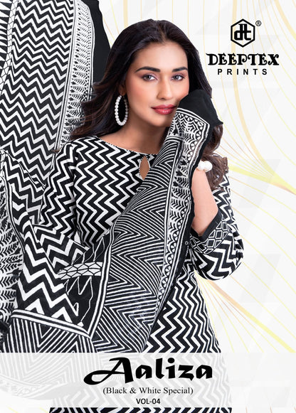 Aaliza Vol 4 Black And White Special Deeptex Prints Cotton Dress Material Exporter Ahmedabad