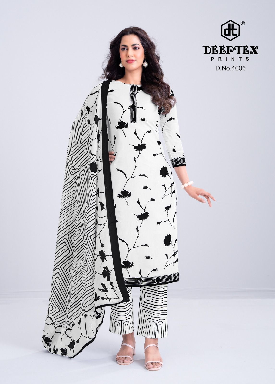 Aaliza Vol 4 Black And White Special Deeptex Prints Cotton Dress Material Exporter Ahmedabad
