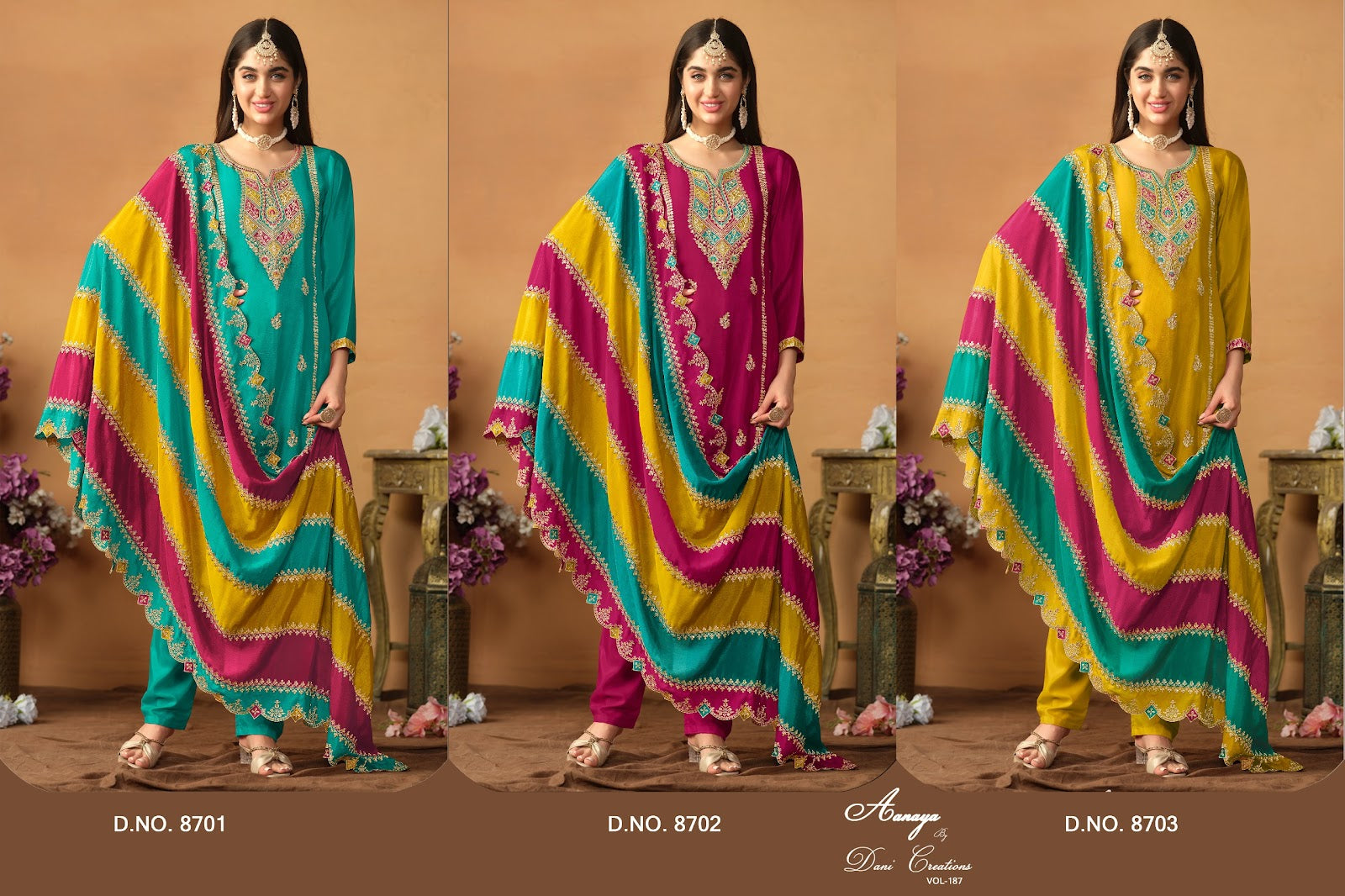 Aanaya Vol 187 Dani Fashion Chinon Silk Pant Style Suits Wholesale Price