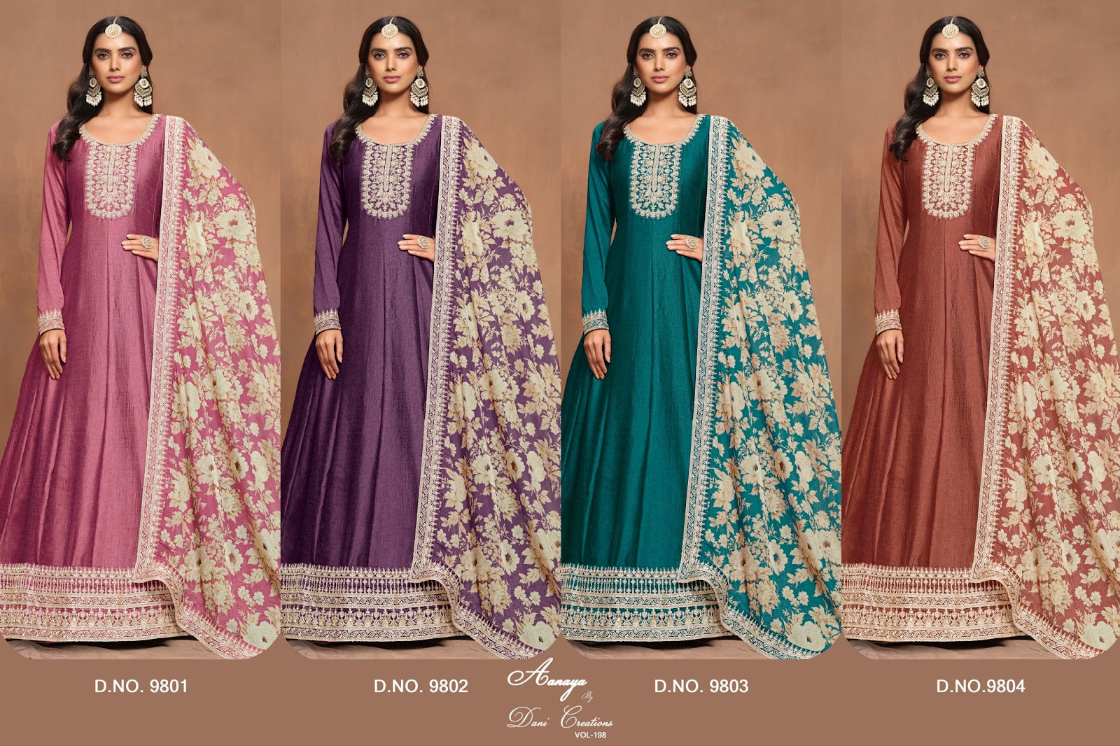 Aanaya Vol 198 Dani Creation Art Silk Gown Dupatta Set Wholesale