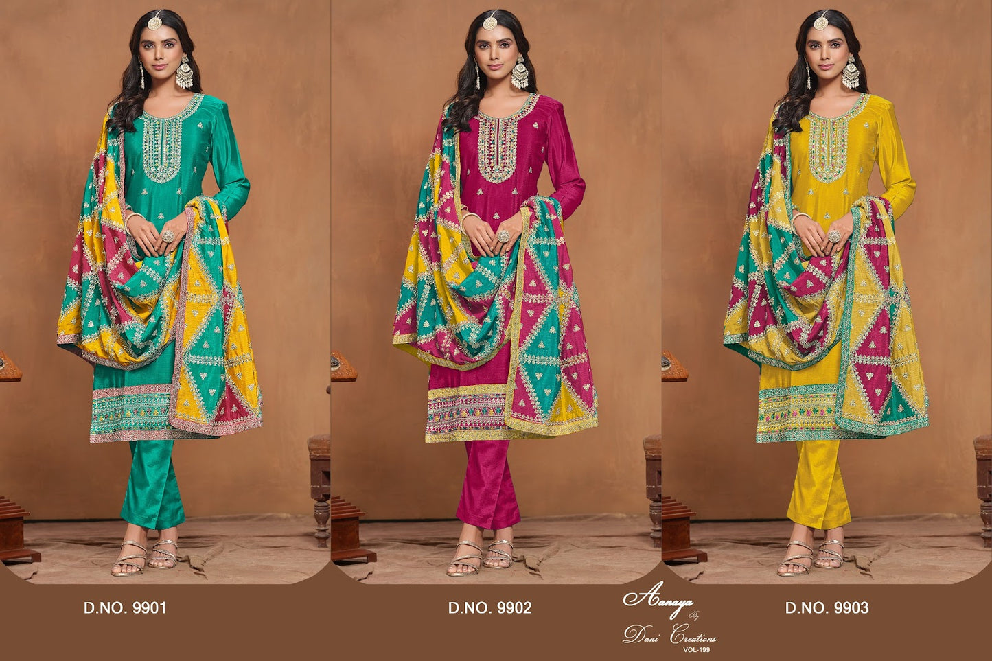 Aanaya Vol 199 9901-9903 Dani Creation Chinon Silk Pakistani Salwar Suits Manufacturer India
