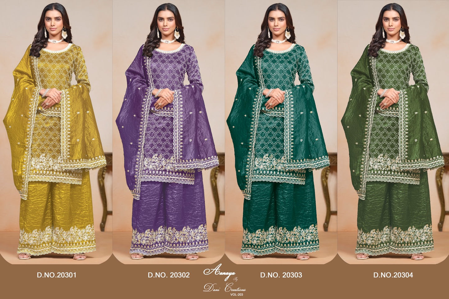 Aanaya Vol 203 20301-20304 Dani Creation Gold Crush Plazzo Style Suits Manufacturer Ahmedabad