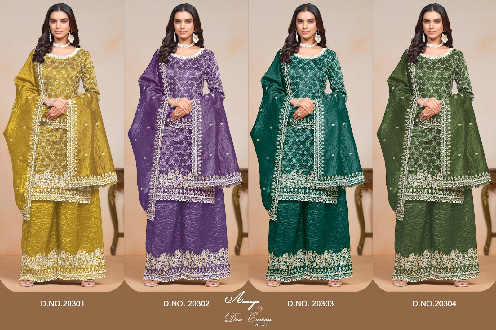 Aanaya Vol 203 20301-20304 Dani Creation Gold Crush Plazzo Style Suits Manufacturer Ahmedabad