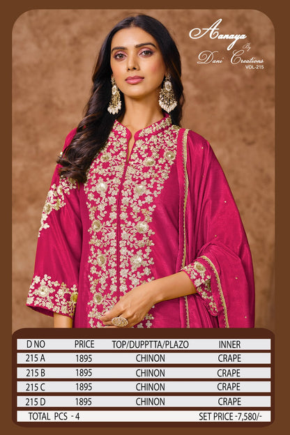 Aanaya Vol 215 Dani Creation Chinon Silk Plazzo Style Suits Supplier Gujarat