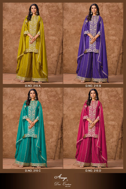 Aanaya Vol 215 Dani Creation Chinon Silk Plazzo Style Suits Supplier Gujarat