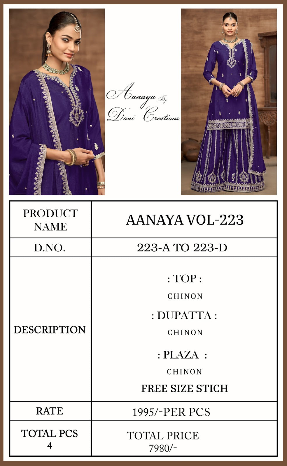 Aanaya Vol 223Abcd Dani Creation Chinon Silk Pakistani Salwar Suits Supplier Gujarat