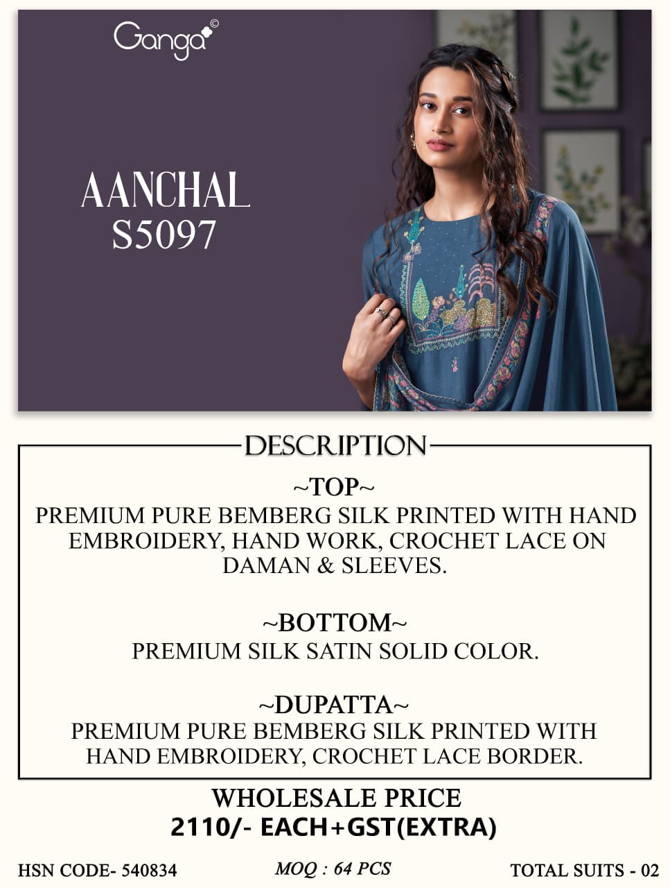 Aanchal S5097 Ganga Bemberg Silk Pant Style Suits Wholesale Rate