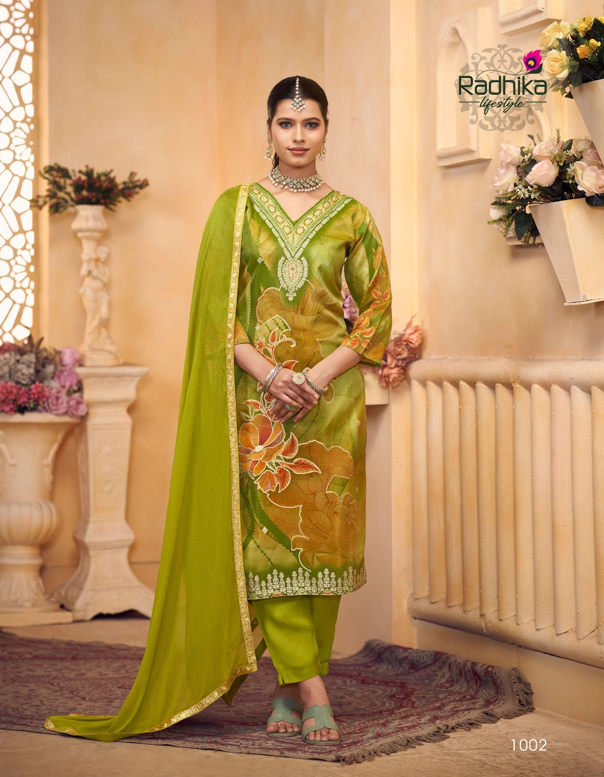 Aanchal Vol 1 Radhika Lifestyle Tissue Simmer Readymade Pant Style Suits Wholesaler Gujarat