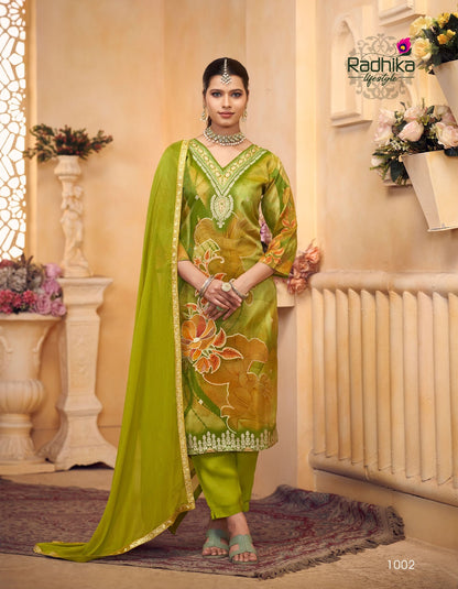 Aanchal Vol 1 Radhika Lifestyle Tissue Simmer Readymade Pant Style Suits Wholesaler Gujarat