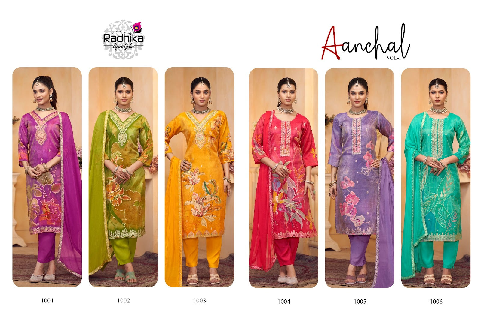 Aanchal Vol 1 Radhika Lifestyle Tissue Simmer Readymade Pant Style Suits Wholesaler Gujarat