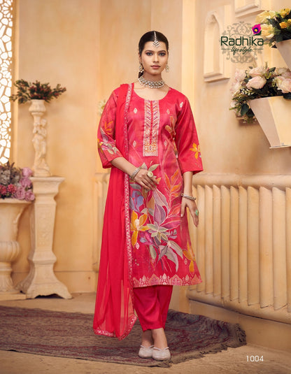 Aanchal Vol 1 Radhika Lifestyle Tissue Simmer Readymade Pant Style Suits Wholesaler Gujarat