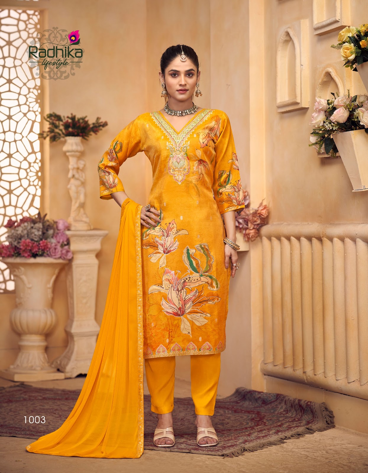 Aanchal Vol 1 Radhika Lifestyle Tissue Simmer Readymade Pant Style Suits Wholesaler Gujarat