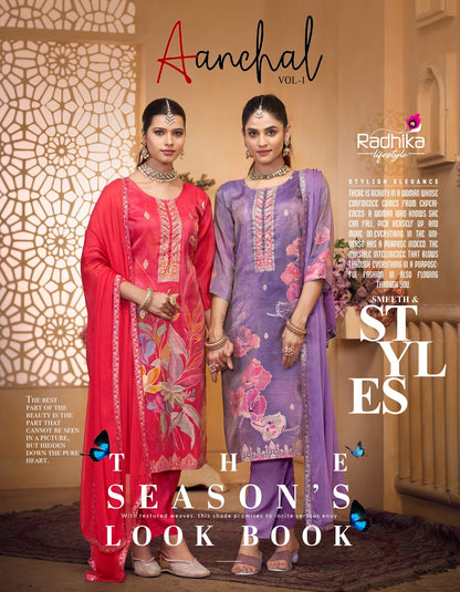 Aanchal Vol 1 Radhika Lifestyle Tissue Simmer Readymade Pant Style Suits Wholesaler Gujarat
