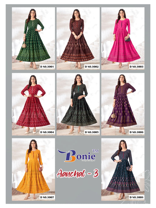 Aanchal Vol 3 Bonie Rayon 14Kg Anarkali Kurtis Wholesaler Ahmedabad