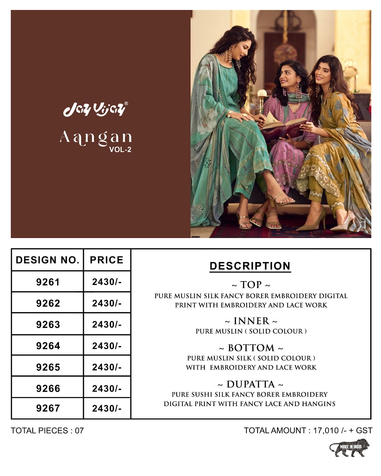 Aangan Vol 2 Jay Vijay Muslin Silk Pant Style Suits Wholesale Price