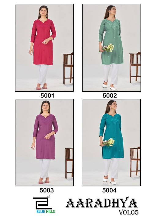 Aaradhya Vol 5 Blue Hills Rayon 14Kg Knee Length Kurtis Exporter India