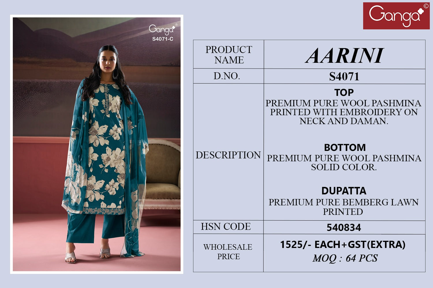 Aarini 4071 Ganga Pashmina Suits Manufacturer