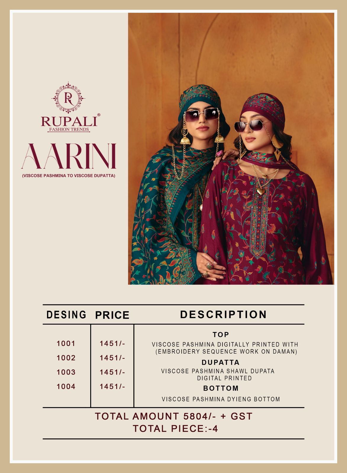 Aarini Rupali Pashmina Suits Supplier Gujarat