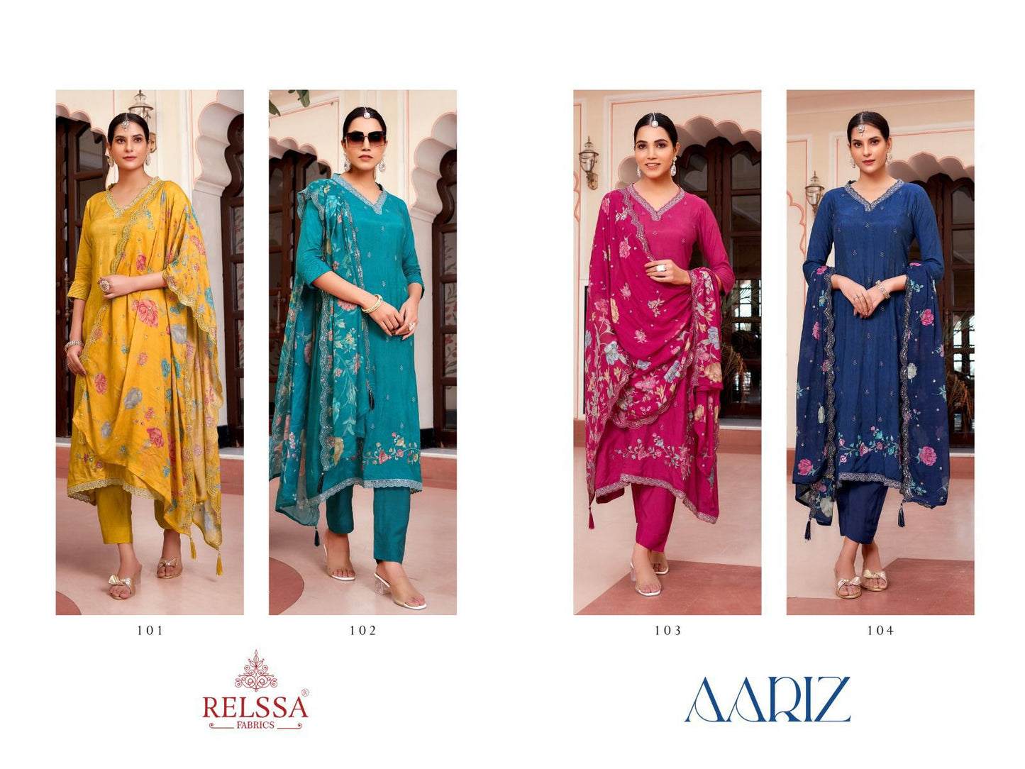 Aariz Relssa Fabrics Muslin Pant Style Suits Wholesaler