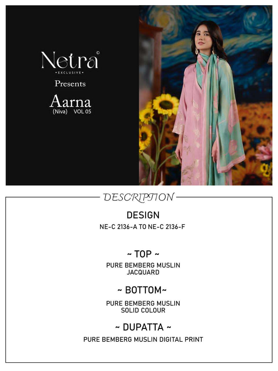 Aarna Vol 5 Netra Bemberg Muslin Pant Style Suits Supplier India