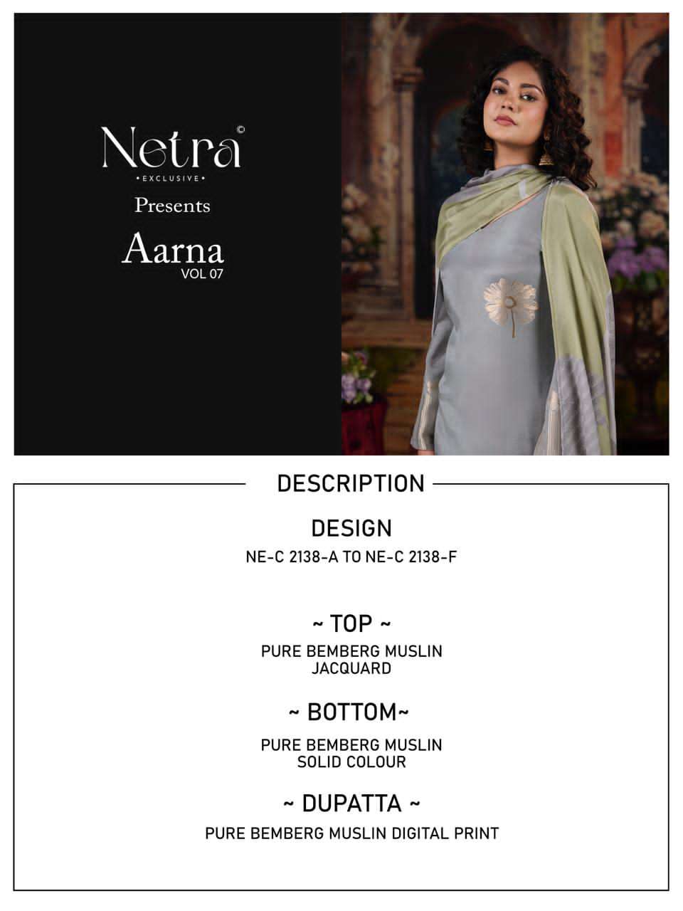 Aarna Vol 7 Netra Bemberg Muslin Pant Style Suits Supplier Gujarat