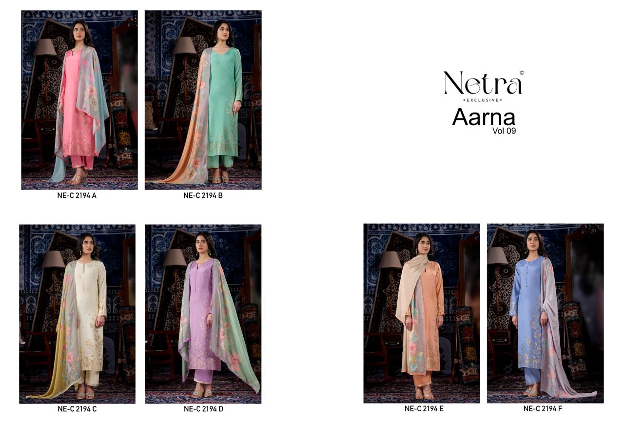 Aarna Vol 9 Netra Bemberg Muslin Pant Style Suits Wholesaler Gujarat