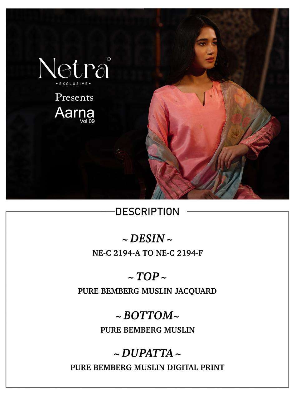 Aarna Vol 9 Netra Bemberg Muslin Pant Style Suits Wholesaler Gujarat