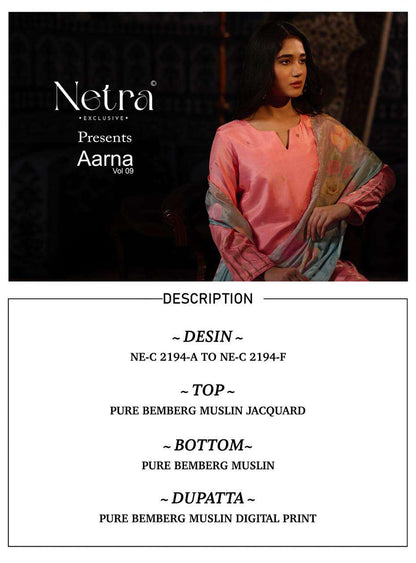 Aarna Vol 9 Netra Bemberg Muslin Pant Style Suits Wholesaler Gujarat